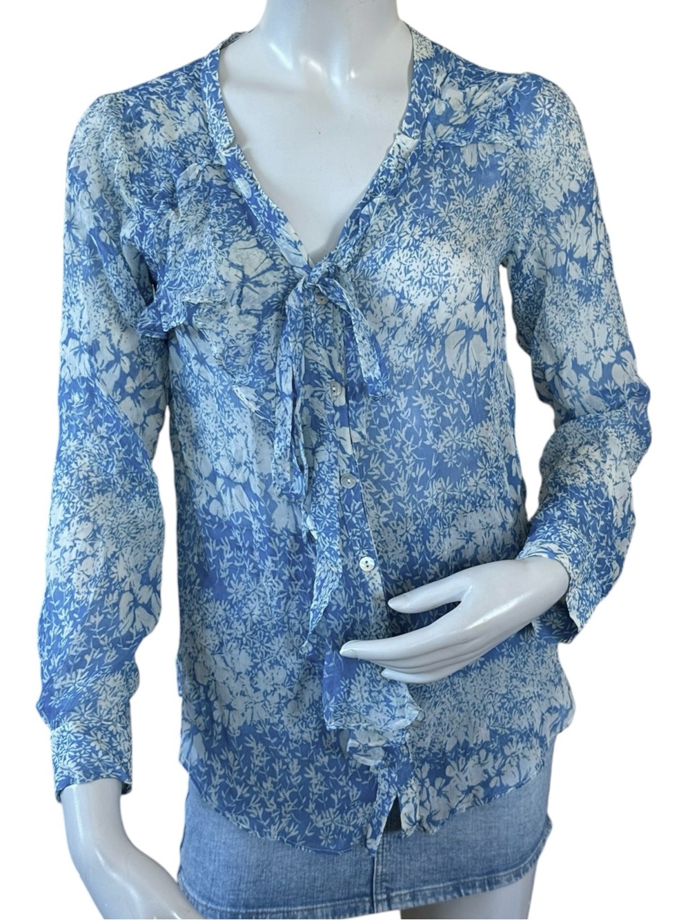 Sundance Blue & White Sheer Floral 100% Silk Long Sleeve Button Down Blouse XS